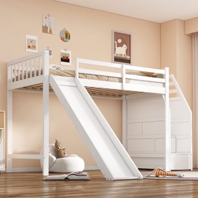 90 x 200 cm, hoogslaper, kinderbed, ladderpositie naar keuze, met glijbaan, afneembare reling, opbergladder, EN747-gecertificeerd, zonder matras, wit