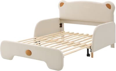COVREO Bedframe 140x200 cm - beige velvet, berenvorm, met matras