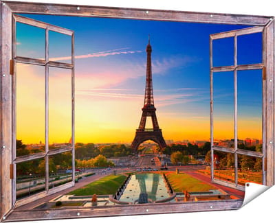 Gards Tuinposter Doorkijk Parijs Eiffeltoren tijdens de Zonsopkomst - 180x120 cm - Tuindoek - Tuindecoratie - Wanddecoratie buiten - Tuinschilderij