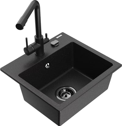 Mexen Milo granieten spoelbak met 1 kom en Duero keukenkraan, zwart/zilver metallic - 6505-73-671600-70-B