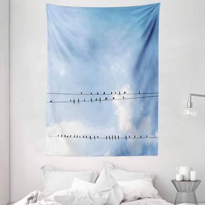 ABAKUHAUS dierentapijt, zwaluwen op stroomkabel, woonkamer slaapkamer wanddoek zijdezacht satijn wandtapijt, 150 x 200 cm, lichtblauw zwart wit