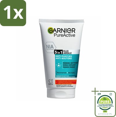 1 x Garnier - Pure Active - 3-in-1 Reiniging Scrub Masker - Tegen Puistjes & Onzuiverheden - Klei & Niacinamide - 150 ml - Reinigen - Scrub - Masker - Puistjes - Onzuiverheden