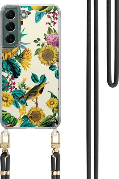 Casimoda® hoesje met koord - Geschikt voor Samsung S22 - Zonnebloemen / Bloemen - Afneembaar koord - TPU/polycarbonaat - Geel