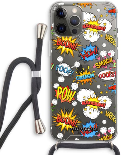 Case Company® - Hoesje met koord geschikt voor iPhone 12 Pro hoesje met Koord - Pow Smack - Telefoonhoesje met Zwart Koord - Bescherming aan alle Kanten en Over de Schermrand