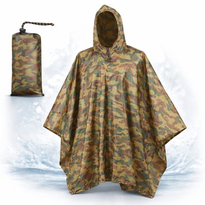 Regenponcho Volwassenen Camouflage - Waterdichte Poncho Voor Fietsen, Wandelen En Outdoor - 210T Ripstop Polyester - Met Capuchon En Opbergtas - 220x150 cm