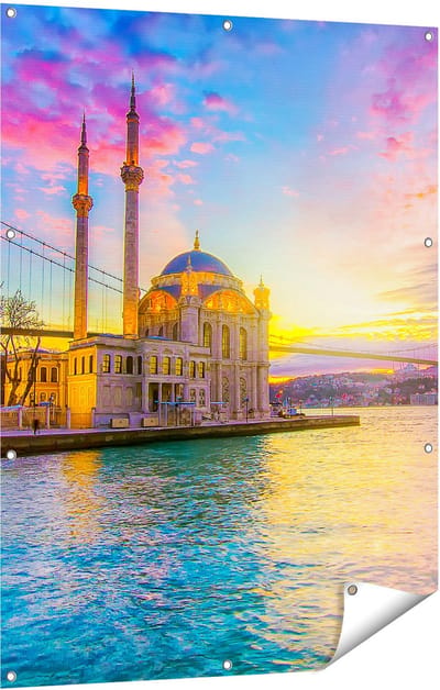 Gards Tuinposter Kleurrijke Ortakoy Moskee in Instanbul - 90x120 cm - Tuindoek - Tuindecoratie - Wanddecoratie buiten - Tuinschilderij