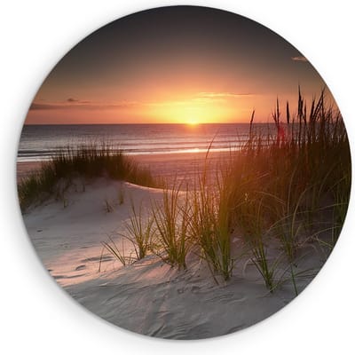 Saammp Muurcirkel Hout - Zonsondergang - hoog gras - Strand en Zee - Duinen - Ø 90 - Wandcirkel - Wanddecoratie Cirkel - muurdecoratie Woonkamer - Slaapkamer decoratie - Rond Schilderij