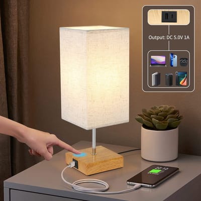 NETTLIFE - E27 Tafellamp 2 Stuks - Hout Rechthoekig - 3000K Warmwit - Touch Dimbaar - Met USB Oplaadfunctie - Stoffen Lampenkap - Geschikt Voor Nachtkastje Eetkamer Woonkamer Slaapkamer - Zonder Lichtbron