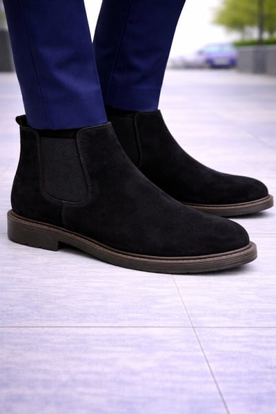 Heren Chelsea Boots Suède Leer – Comfort Enkellaars – Elastische Instap – Casual & Nette Herenschoenen – Heren schoenen – Mannen laarzen 542 – Zwart– Maat 40