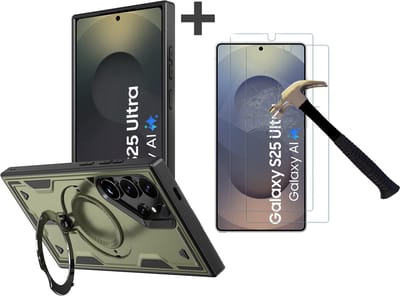 Hoesje Geschikt voor Samsung Galaxy S25 Ultra met 2 Stuks gehard glas Screenprotectors - Armor hoes met Ringhouder - Arara backcover - Olijfgroen