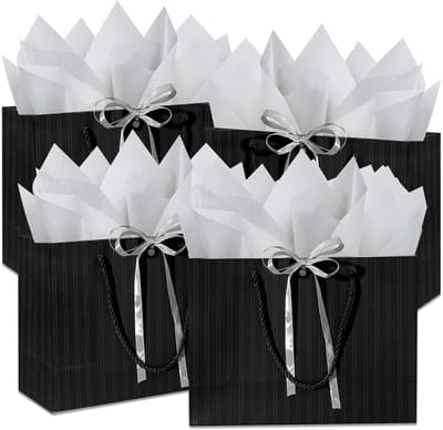 Dailygoods- Cadeauzakjes 4 Stuks - Zwart Papier - 28 x 20 x 10 cm - Met Handvatten - Inclusief Vloeipapier/Linten/Wenskaarten - Duurzaam Materiaal - Geschenkzakjes