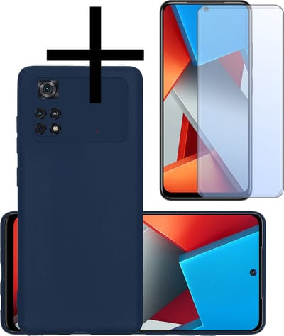 Hoesje - Met Screenprotector - Geschikt voor Xiaomi Poco X4 Pro 5G - Sterk & Shockproof - Back Cover - Siliconen Case - Telefoon Hoes - Donkerblauw
