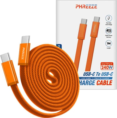 2x Phreeze USB C naar USB C Kabel 240W 5A Oranje - USB-C Kabels - Nylon Gevlochten - Plat Ontwerp - Lange Levensduur - Snellaadkabel - Datakabel - USB Oplaadkabel voor telefoon, tablet & laptop