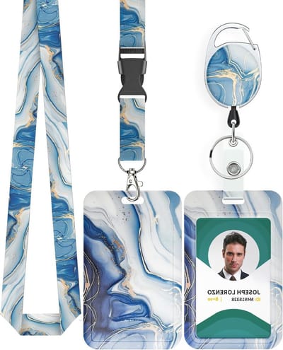 Badgehouder met Lanyard - Kaarthoesje Intrekbaar - Snelle Toegang Kaarten - Modieus Marmer Design - 86 x 56 cm - Blauw