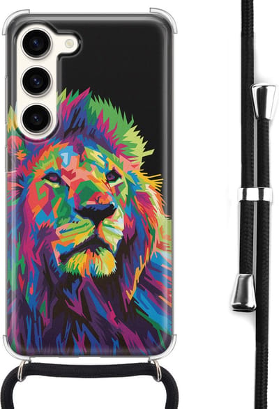 Hoesje met koord - Geschikt voor Samsung Galaxy S23 - Leeuw pop art - Verstelbaar zwart koord - Crossbody - Print / Illustratie - Zwart, Transparant, Multi - Leuke Telefoonhoesjes