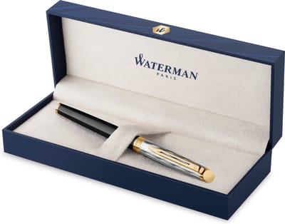 Waterman Hémisphère rollerbalpen | metaal en zwarte lak met gouden detail en gebeitelde dop | fijne punt | met Geschenkdoos