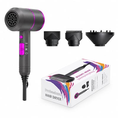 T-vormige haardroger - 1500 W - 3 snelheden - warme en koude lucht met twee blaasmondstukken - ijzergrijs en fuchsia