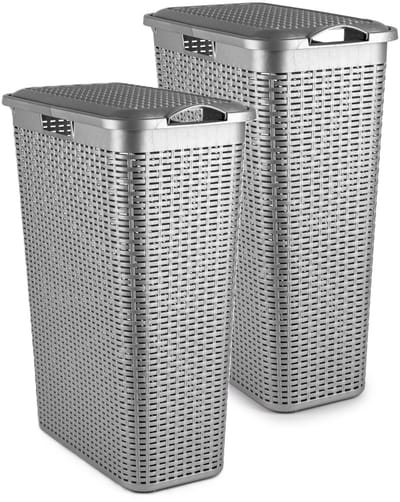 Plasticforte Smalle Wasmand met deksel Rotan - 2x - zilvergrijs - gevlochten kunststof - 48 liter - 27 x 46 x 60 cm