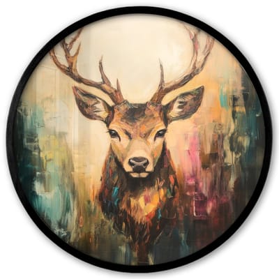 Poster in lijst Rond - Fotolijst 40x40 cm - Posters - Hert - Geverfd - Gewei - Bruin - Ronde posterlijst zwart - Decoratie - Wanddecoratie woonkamer - Muurdecoratie slaapkamer