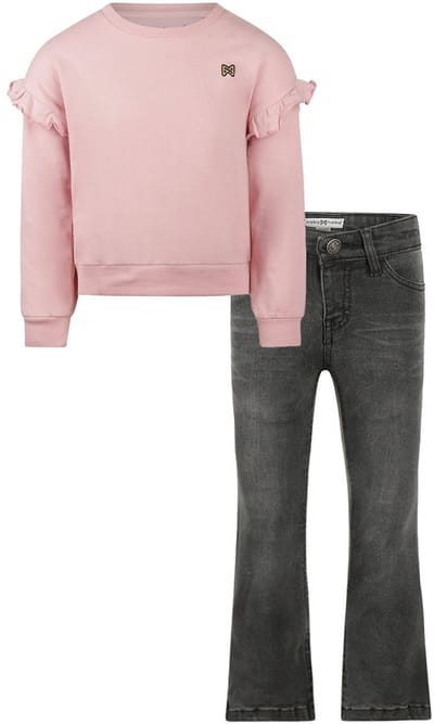 Koko Noko - Kledingset - Basic Collection - Bio Cotton - Dark grey Jeans flared - Sweater with crewneck dropped shoulder Dusty pink - Maat 92