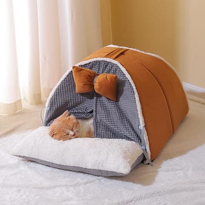 Niche pour chat Niche pour chien Semi-fermée Universelle Quatre Saisons Coussin Portable Chaud et Respirant M