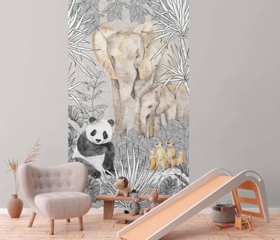 OLIFANTEN, PANDA EN STOKSTAARTJES FOTOBEHANG | Jungle dieren - Beige Grijs Zwart - A.S. Création Lilly & Luis