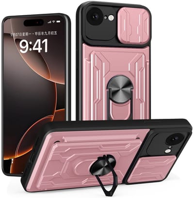Coverup Hoesje - Geschikt voor iPhone 16e / 17e Hoesje - Coverup Armor Ring Kickstand Back Cover met Camera Shield - Rose Gold