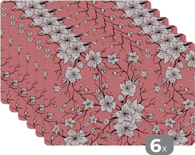 Placemat - Placemats kunststof - Patronen - Bloemen - Japan - 45x30 cm - 6 stuks - Hittebestendig - Anti-Slip - Onderlegger - Afneembaar