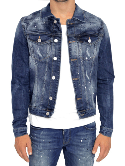 BIKER DENIM RIBBED JACKET | DENIM - DENIM / L