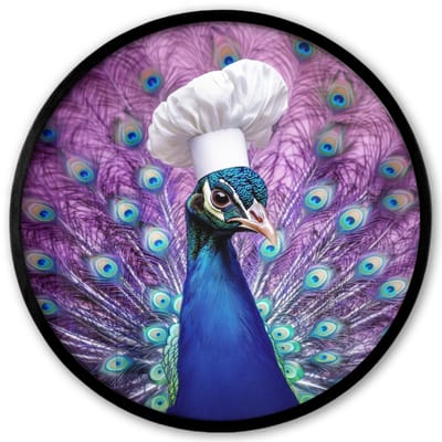 Poster in lijst Rond - Fotolijst 40x40 cm - Posters - Pauw - Koksmuts - Cool - Paars - Ronde posterlijst zwart - Decoratie - Wanddecoratie woonkamer - Muurdecoratie slaapkamer