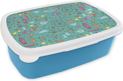 Broodtrommel Blauw - Lunchbox - Brooddoos - Herfst - Patroon - Fiets - Regen - 18x12x6 cm - Kinderen - Jongen