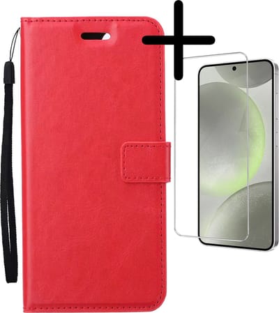 Hoesje Met Screenprotector - Geschikt voor Samsung Galaxy S24 - Luxe Pasjeshouder - Bookcase Portemonee - Flip Case - Kunstleer Book Case - Flipcase - Book Cover - Walletcase - Portemonneehoes - Rood