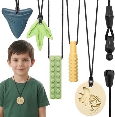 CLDY Set sensorische bijtringen voor kinderen, bijtketting voor jongens, kauwketting, kauwsieraad voor autistische - ADHD, therapeutische ketting, siliconen bijtringen om mee te gooien – 5 stuks