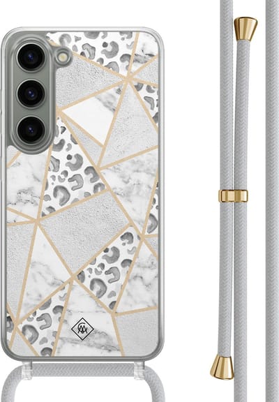 Casimoda® hoesje met grijs koord - Geschikt voor Samsung S23 - Stone & Leopard - Afneembaar koord - TPU/polycarbonaat - Grijs