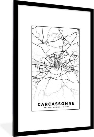Fotolijst incl. Poster Zwart Wit- Kaart - Plattegrond - Frankrijk - Stadskaart - Carcassonne - Zwart wit - 80x120 cm - Posterlijst