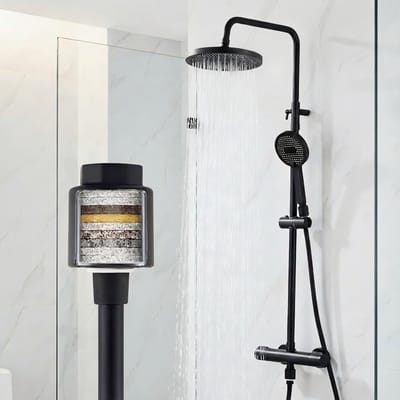 Douchesysteem met thermostaat Zwart, douchearmatuur compleet set met filter, 25 cm hoofdbrause regendouche & handbrause, 3 straalsoorten handbrause, doucheset voor badkamer
