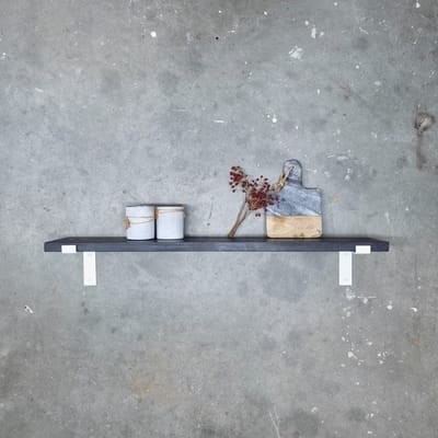 GoudmetHout® Wandplank Industrieel - 40 x 20 cm Muurplank - Zwart Eiken Hout - Decoratie Wandrek & Boekenrek - Hangplank Keuken - Wall Shelf + 2 Mat Witte Plankdragers van Staal