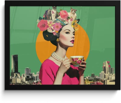 Poster in lijst - Fotolijst 40x30 cm - Posters - Retro - Vrouw - Stad - Zon - Posterlijst zwart - Decoratie - Wanddecoratie woonkamer - Muurdecoratie slaapkamer
