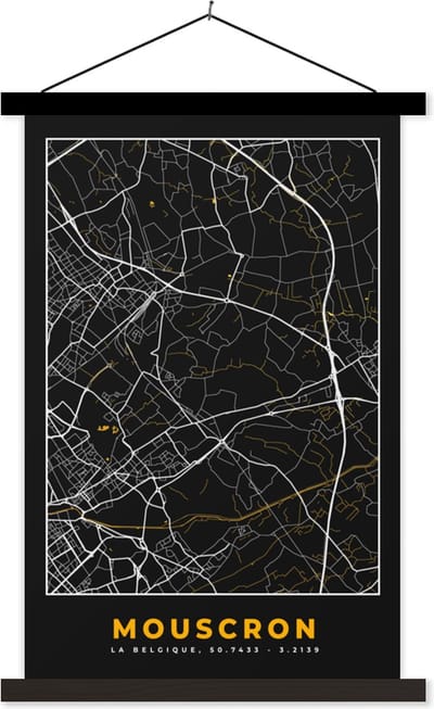 Posterhanger incl. Poster 40x60 cm - Schoolplaat - Kaart - Mouscron - Stadskaart - Plattegrond - Goud - Textielposter - Zwarte latten - Stadskaart