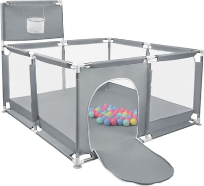 PIPIPOXER Babybox 126*126cm Boxhekje met 50 ballen, basketbalring, antislipbodem-donkergrijs