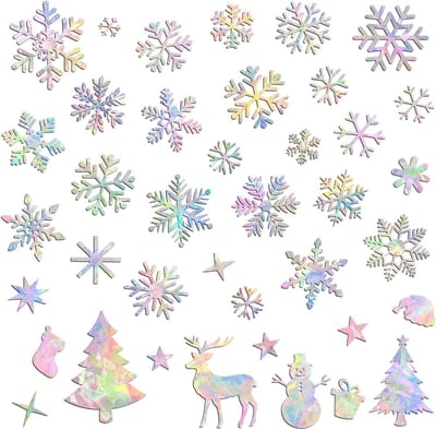 Kerstraamstickers met sneeuwvlokken en kerstbomen van holografisch vinyl, niet-plakbaar, ter voorkoming van vogelbotsingen voor sfeervolle kamerdecoratie