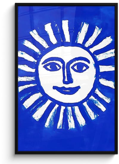 Poster in lijst - Fotolijst 80x120 cm - Posters - Zon - Gezicht - Penseelstructuur - Blauw - Posterlijst zwart - Decoratie - Wanddecoratie woonkamer - Muurdecoratie slaapkamer