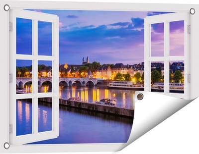 Gards Tuinposter Doorkijk Maastricht Maas Rivier bij de Sint Servaasbrug - 60x40 cm - Tuindoek - Tuindecoratie - Wanddecoratie buiten - Tuinschilderij