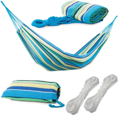 Hangmat voor 1 persoon - Luxe Hamock Katoen - Eenpersoons Hangmat Voor Buiten Binnen - Met Opbergzak - 260 x 80 cm - Blauw