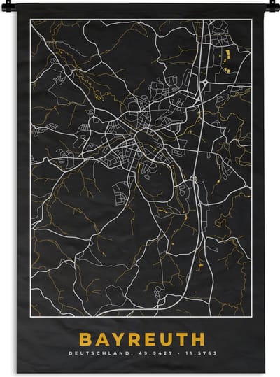 Wandkleed - Wanddoek - Duitsland – Black and Gold – Bayreuth – Stadskaart – Kaart – Plattegrond - 120x180 cm - Wandtapijt