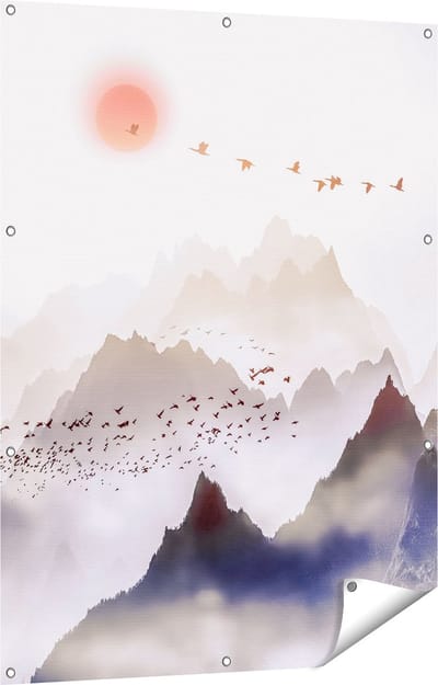 Gards Tuinposter Bergenlandschap met een Boom - Abstract - 90x120 cm - Tuindoek - Tuindecoratie - Wanddecoratie buiten - Tuinschilderij