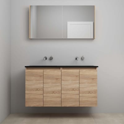 On-Line Badkamermeubelset - 120 cm - Bouwpakket - Greeploze Ladestructuur - Acryl Wastafel - zonder Kraangat - Spiegelkast - Eiken - V02
