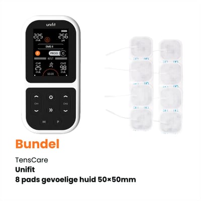 TensCare – Unifit bundel+ 2x 4 pads gevoelige huid 50×50mm (1 set) - Dubbelkanaals TENS Apparaat en EMS Spierstimulator – Pijnverlichting - Elektrodentherapie - Spierstimulator - Pijntherapie
