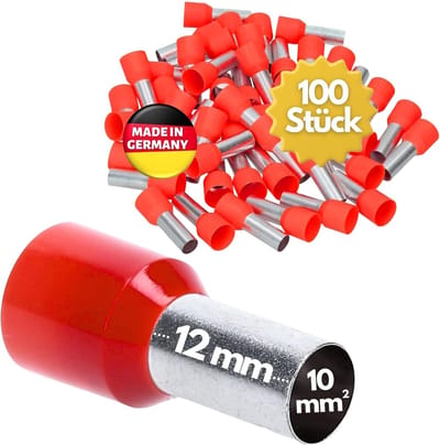100 stuks Kalitec AE1012RT adereindhulzen geïsoleerd 10,0 mm² 12 mm lang rood I Made in Germany I Industriële kwaliteit