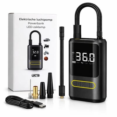 JC's Elektrische bandenpomp - Elektrische fietspomp - POWERBANK - Scooter/Motor/Auto/Fiets - Autobanden Pomp - Luchtpomp - Bandenpomp - 4200 mAh - Tot wel 10.3 Bar - USB Oplaadbaar - Inclusief 4 Opzetstukken